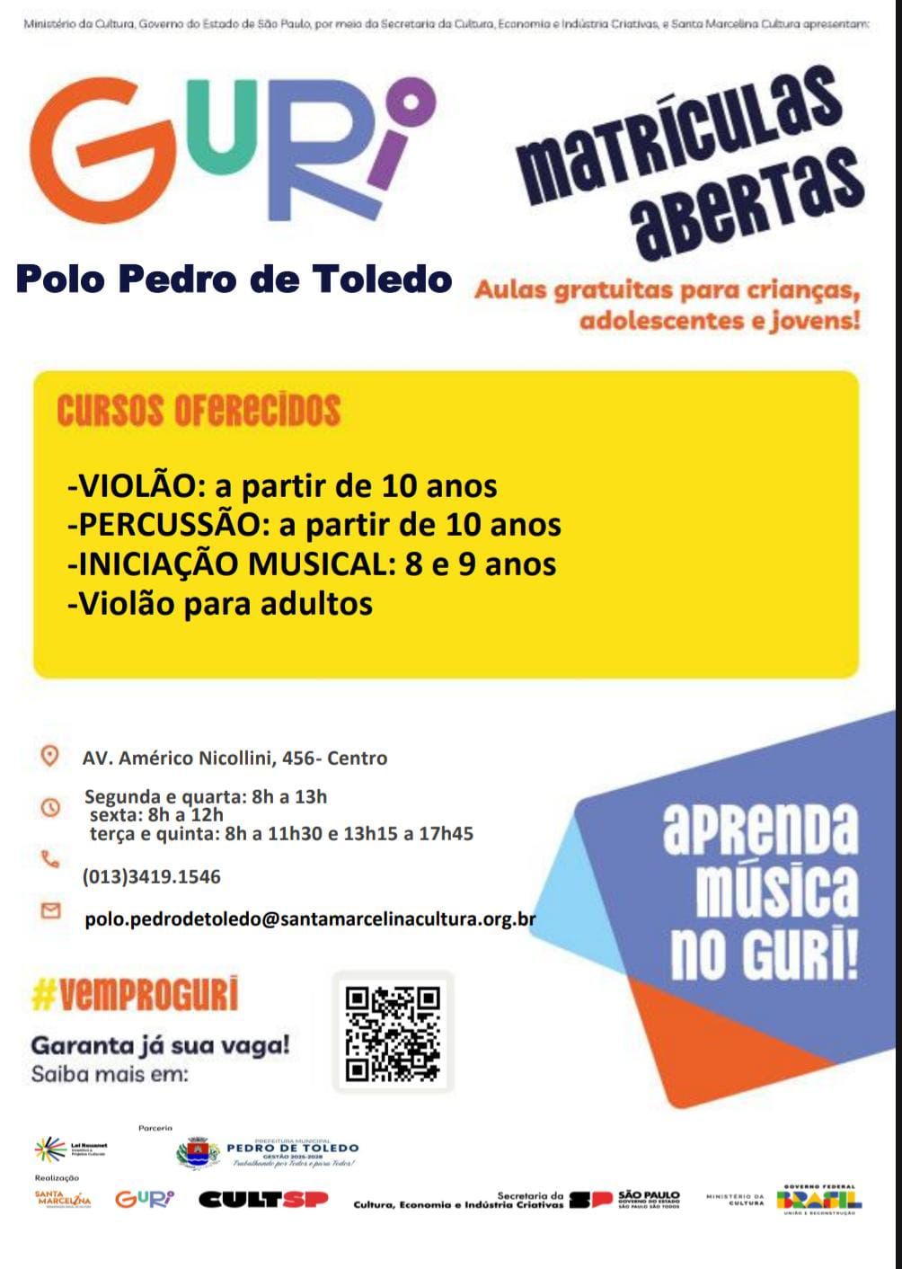 MATRÍCULAS ABERTAS NO PROJETO GURI – POLO PEDRO DE TOLEDO